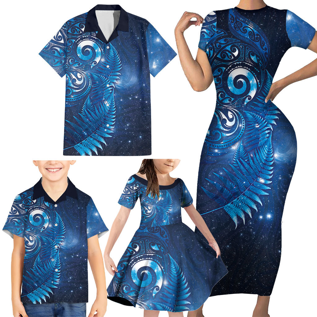 Aotearoa New Zealand New Year Family Matching Short Sleeve Bodycon Dress and Hawaiian Shirt Tribal Koru Tattoo Blue Galaxy Maori Silver Fern