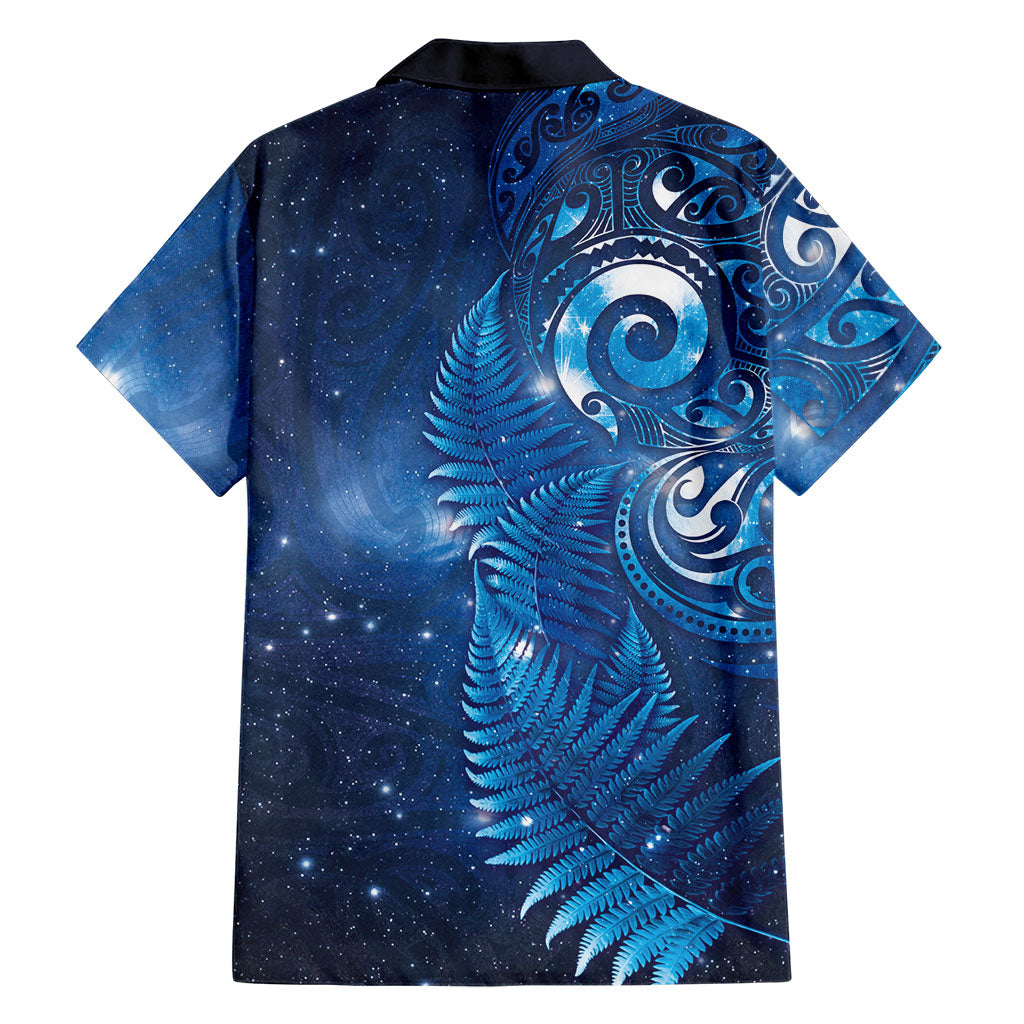 Aotearoa New Zealand New Year Family Matching Short Sleeve Bodycon Dress and Hawaiian Shirt Tribal Koru Tattoo Blue Galaxy Maori Silver Fern LT03 - Polynesian Pride