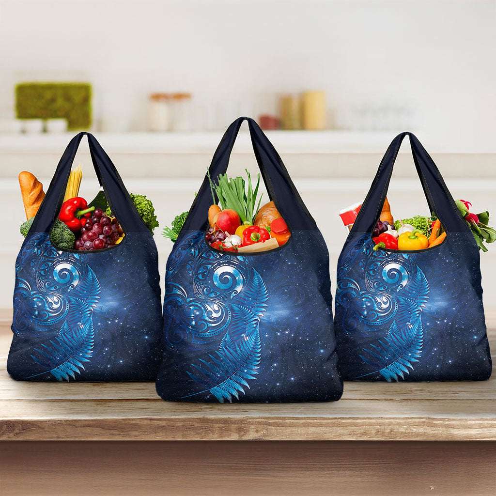 Aotearoa New Zealand New Year Grocery Bag Tribal Koru Tattoo Blue Galaxy Maori Silver Fern LT03 3-pack One Size Blue - Polynesian Pride
