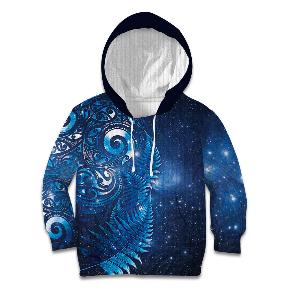 Aotearoa New Zealand New Year Kid Hoodie Tribal Koru Tattoo Blue Galaxy Maori Silver Fern