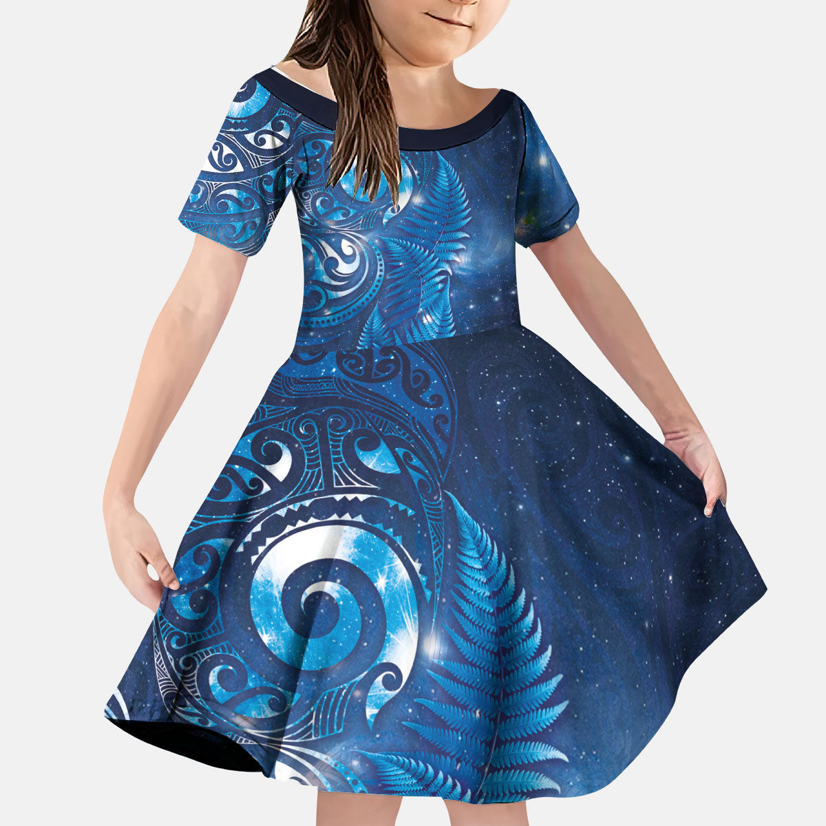 Aotearoa New Zealand New Year Kid Short Sleeve Dress Tribal Koru Tattoo Blue Galaxy Maori Silver Fern