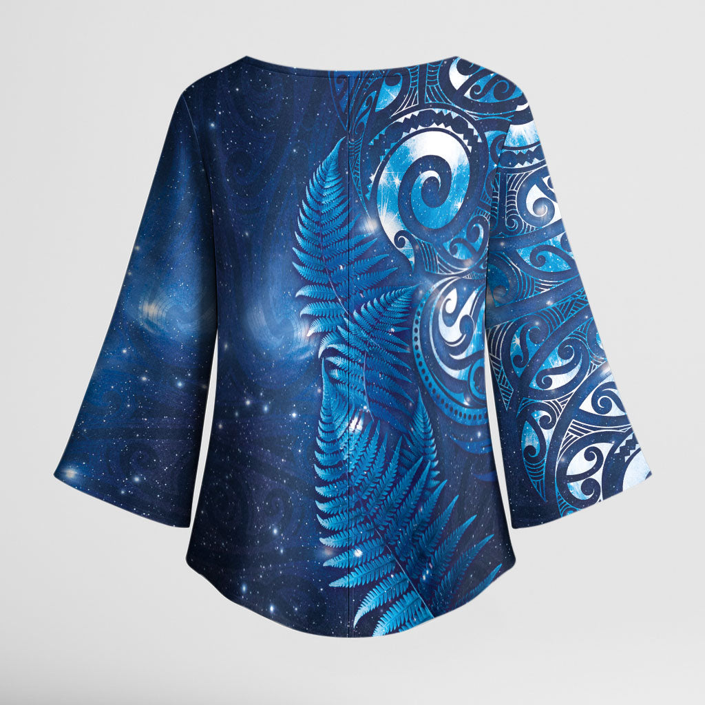 Aotearoa New Zealand New Year Kimono Sleeve Blouse Tribal Koru Tattoo Blue Galaxy Maori Silver Fern LT03 - Polynesian Pride