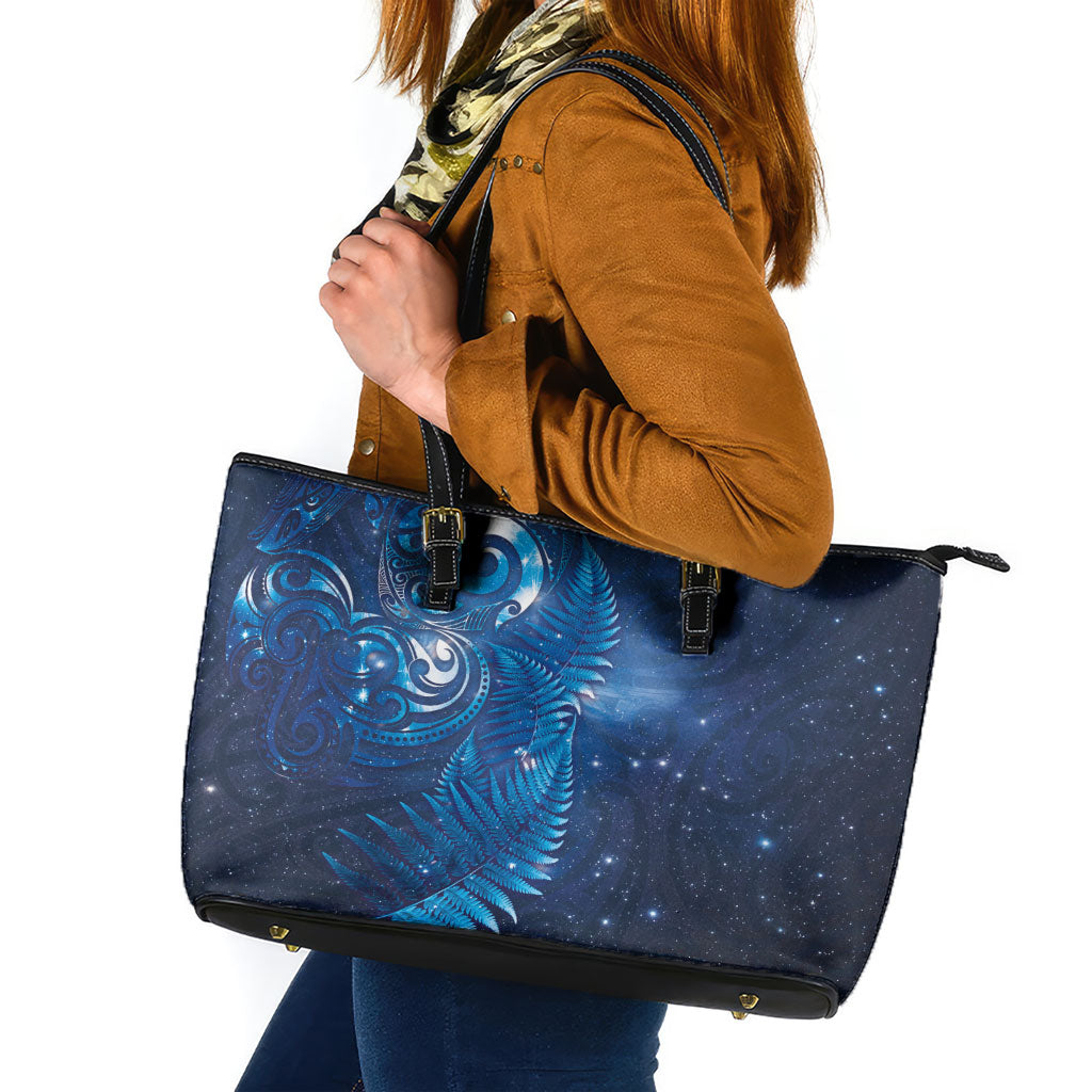 Aotearoa New Zealand New Year Leather Tote Bag Tribal Koru Tattoo Blue Galaxy Maori Silver Fern LT03 Blue - Polynesian Pride