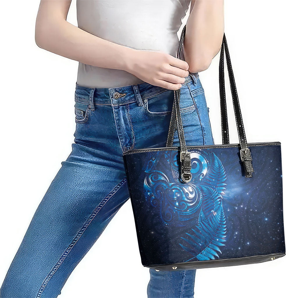 Aotearoa New Zealand New Year Leather Tote Bag Tribal Koru Tattoo Blue Galaxy Maori Silver Fern LT03 - Polynesian Pride