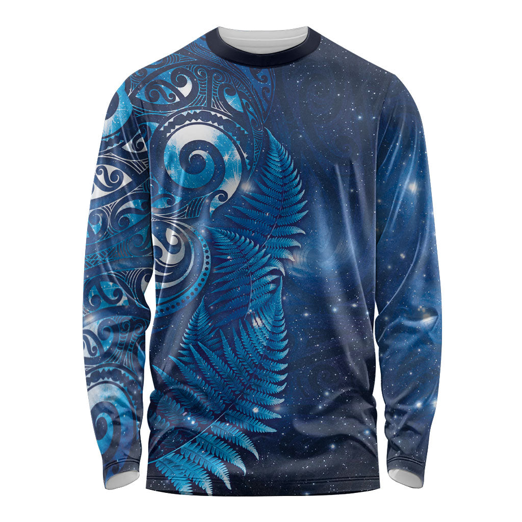 Aotearoa New Zealand New Year Long Sleeve Shirt Tribal Koru Tattoo Blue Galaxy Maori Silver Fern LT03 Unisex Blue - Polynesian Pride