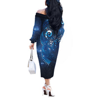 Aotearoa New Zealand New Year Off The Shoulder Long Sleeve Dress Tribal Koru Tattoo Blue Galaxy Maori Silver Fern LT03 - Polynesian Pride
