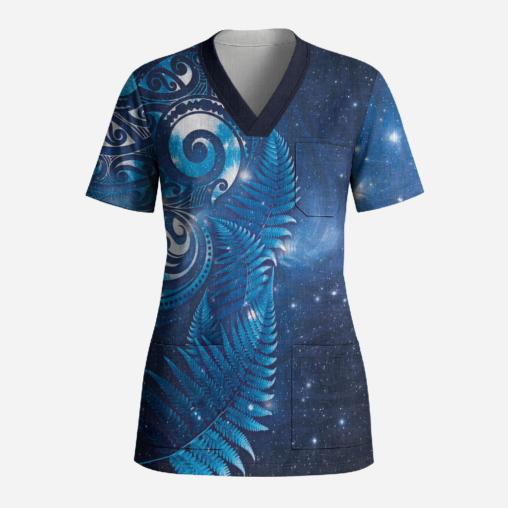 Aotearoa New Zealand New Year Scrub Top Tribal Koru Tattoo Blue Galaxy Maori Silver Fern LT03 Adult Blue - Polynesian Pride
