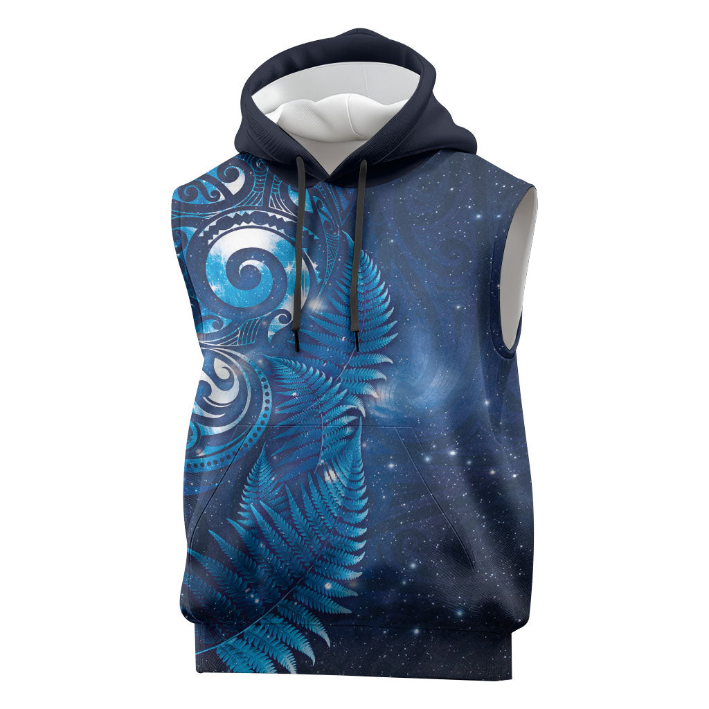 Aotearoa New Zealand New Year Sleeveless Hoodie Tribal Koru Tattoo Blue Galaxy Maori Silver Fern
