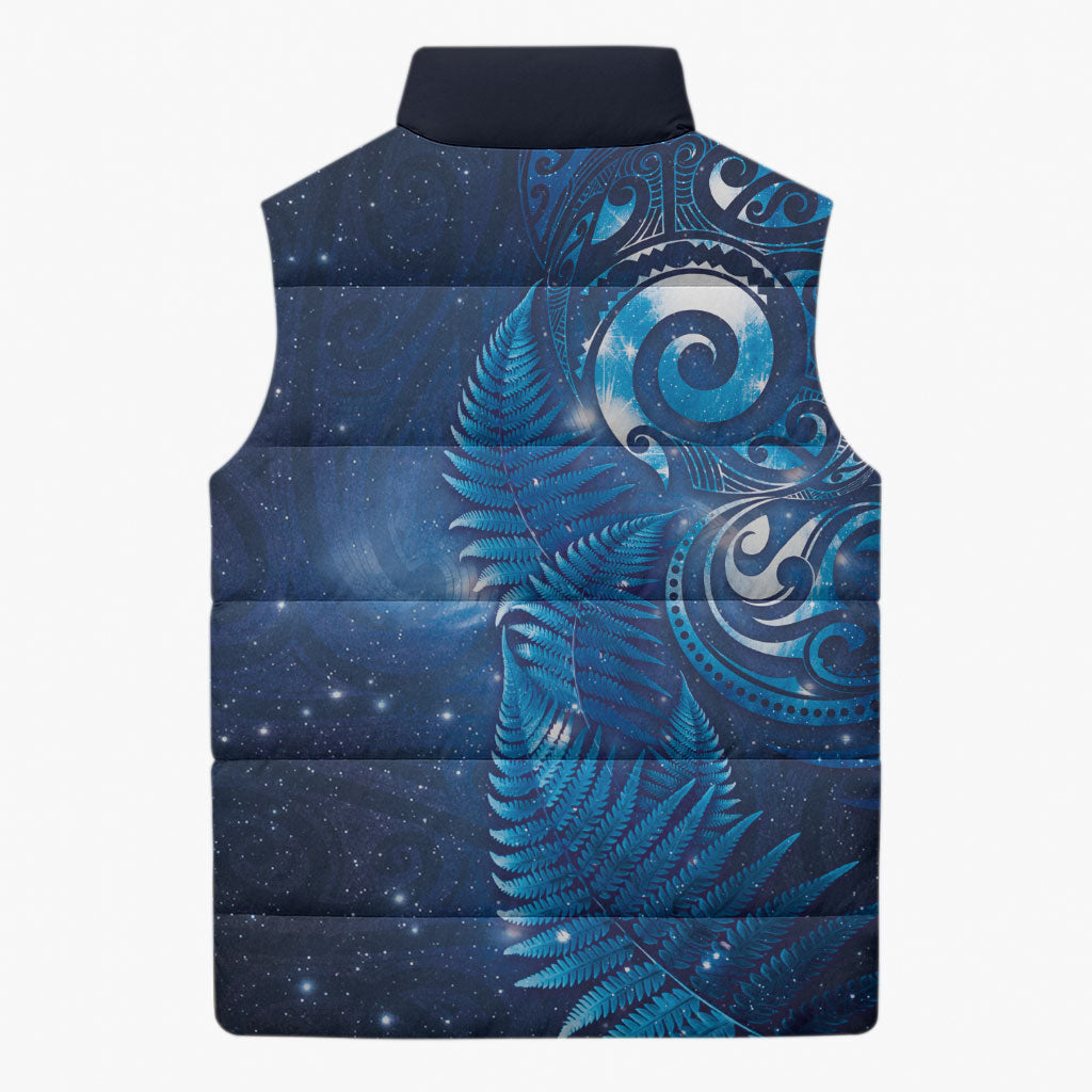 Aotearoa New Zealand New Year Sleeveless Puffer Jacket Tribal Koru Tattoo Blue Galaxy Maori Silver Fern LT03 - Polynesian Pride