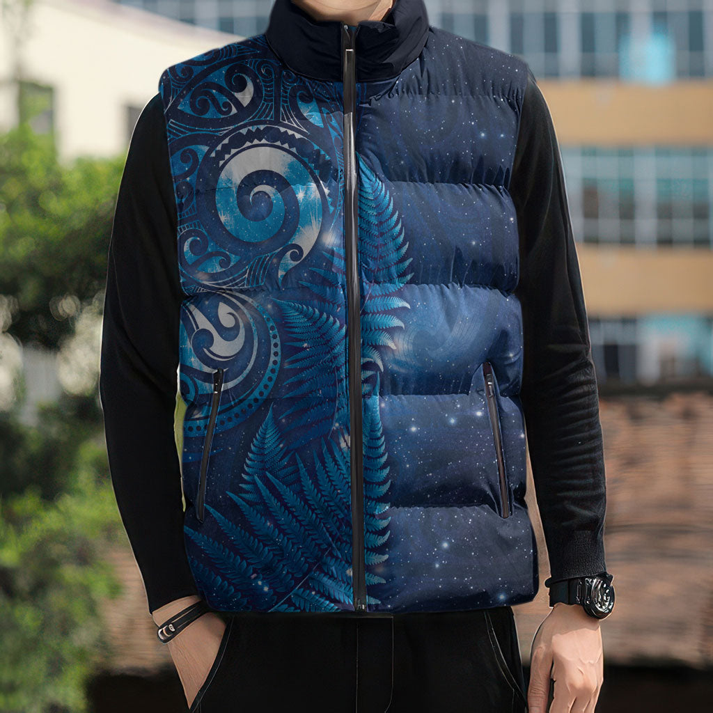 Aotearoa New Zealand New Year Sleeveless Puffer Jacket Tribal Koru Tattoo Blue Galaxy Maori Silver Fern LT03 - Polynesian Pride