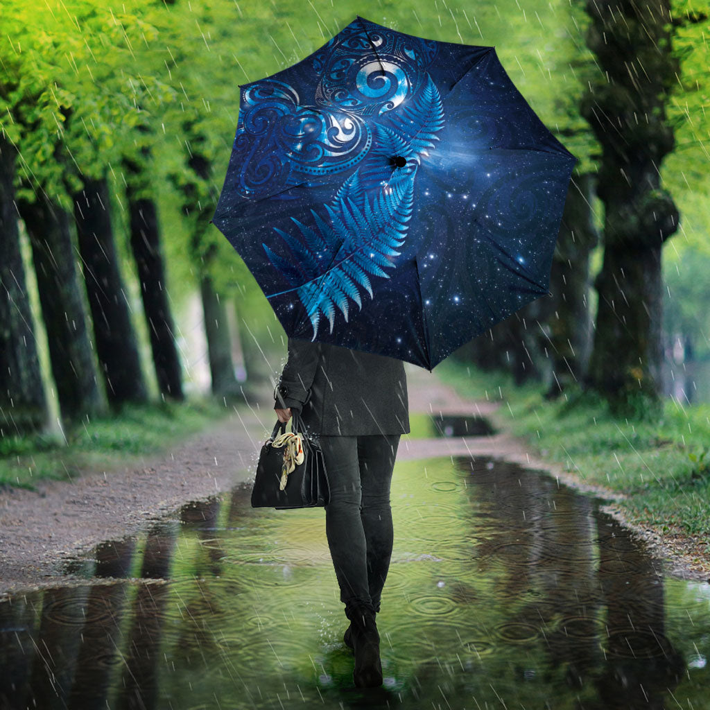 Aotearoa New Zealand New Year Umbrella Tribal Koru Tattoo Blue Galaxy Maori Silver Fern LT03 - Polynesian Pride