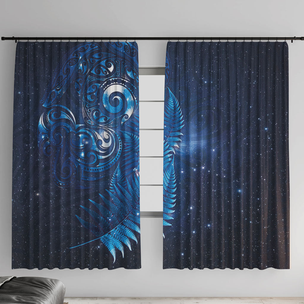 Aotearoa New Zealand New Year Window Curtain Tribal Koru Tattoo Blue Galaxy Maori Silver Fern LT03 With Hooks Blue - Polynesian Pride