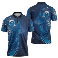 Aotearoa New Zealand New Year Zipper Polo Shirt Tribal Koru Tattoo Blue Galaxy Maori Silver Fern LT03 - Polynesian Pride