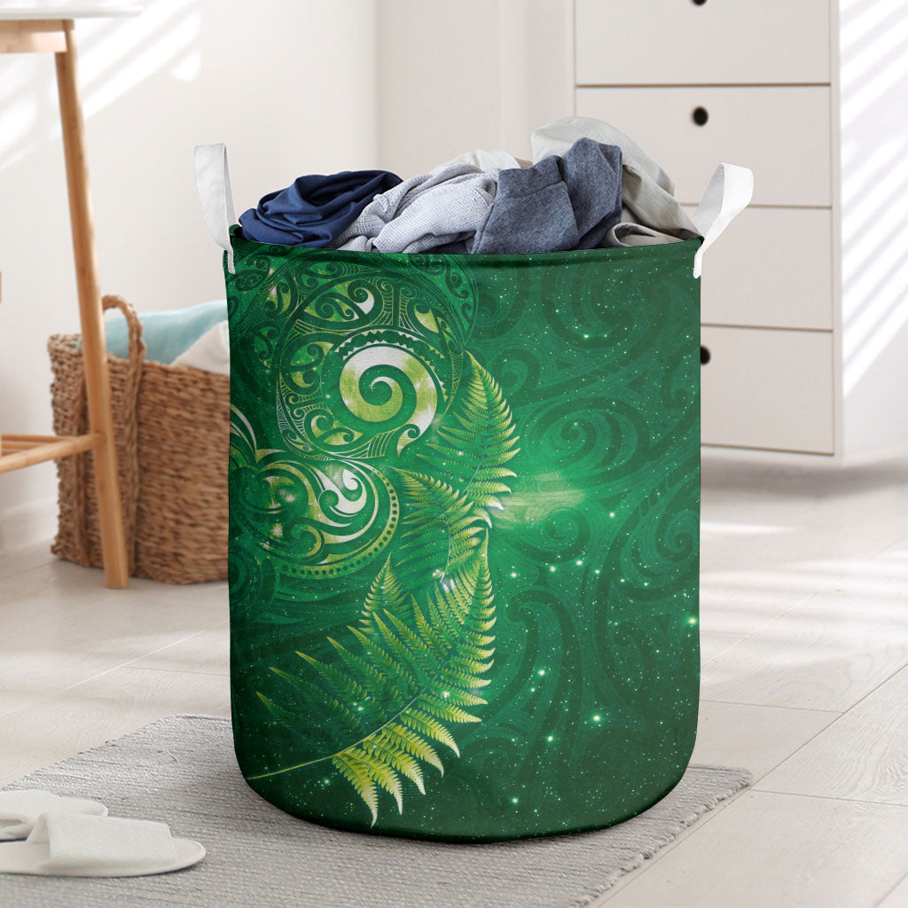 Aotearoa New Zealand New Year Laundry Basket Tribal Koru Tattoo Green Galaxy Maori Silver Fern