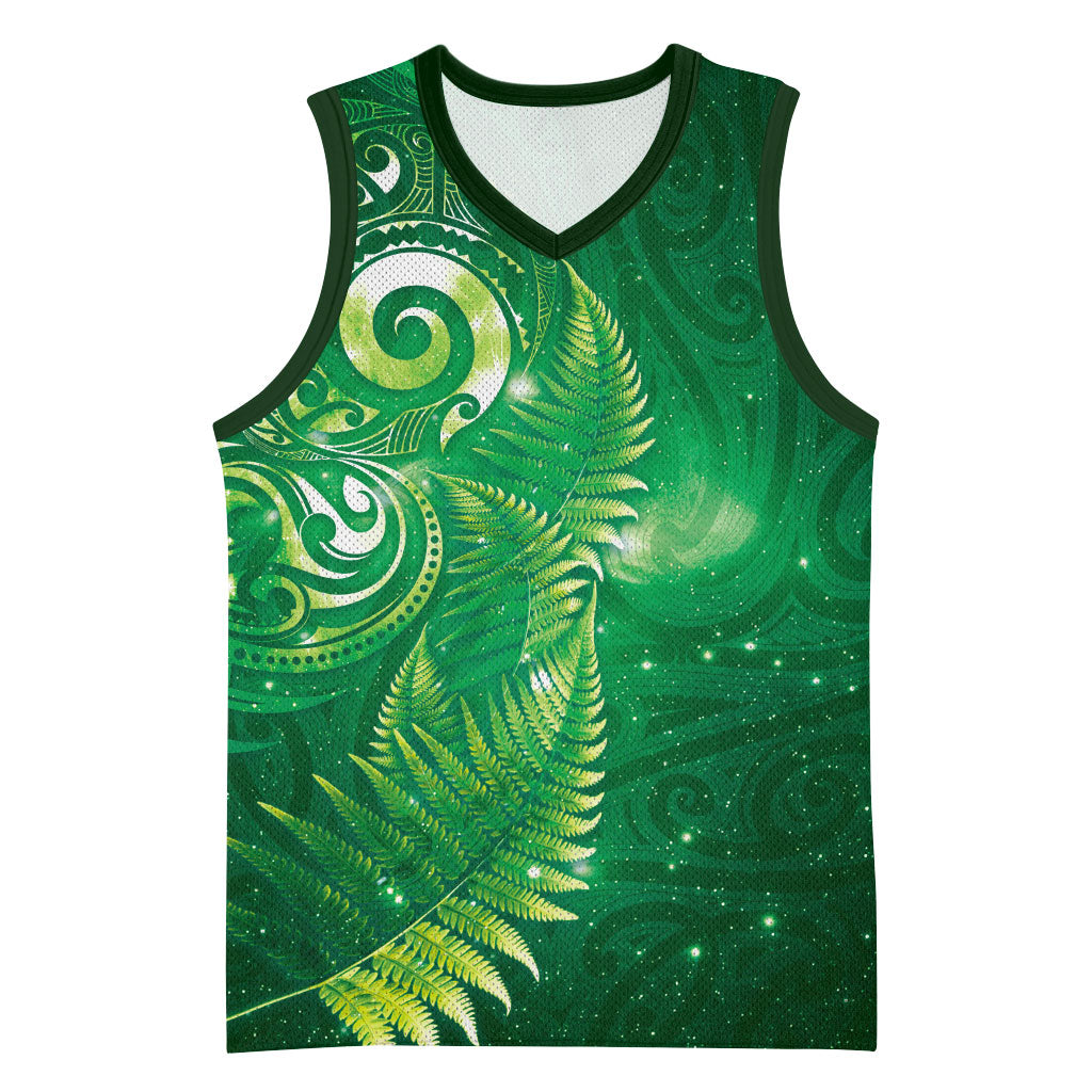 Aotearoa New Zealand New Year Basketball Jersey Tribal Koru Tattoo Green Galaxy Maori Silver Fern LT03 Unisex Green - Polynesian Pride