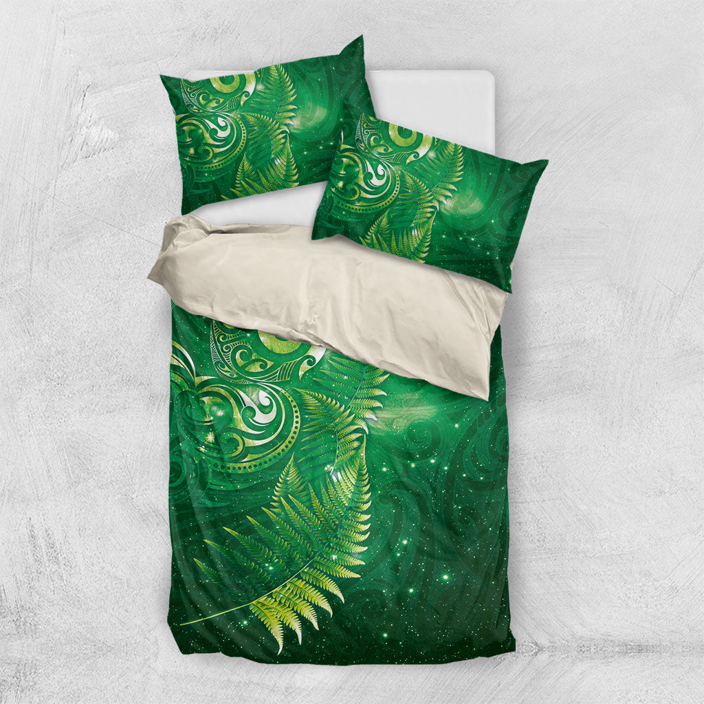 Aotearoa New Zealand New Year Bedding Set Tribal Koru Tattoo Green Galaxy Maori Silver Fern LT03 US Twin 172cm x 218cm Green - Polynesian Pride