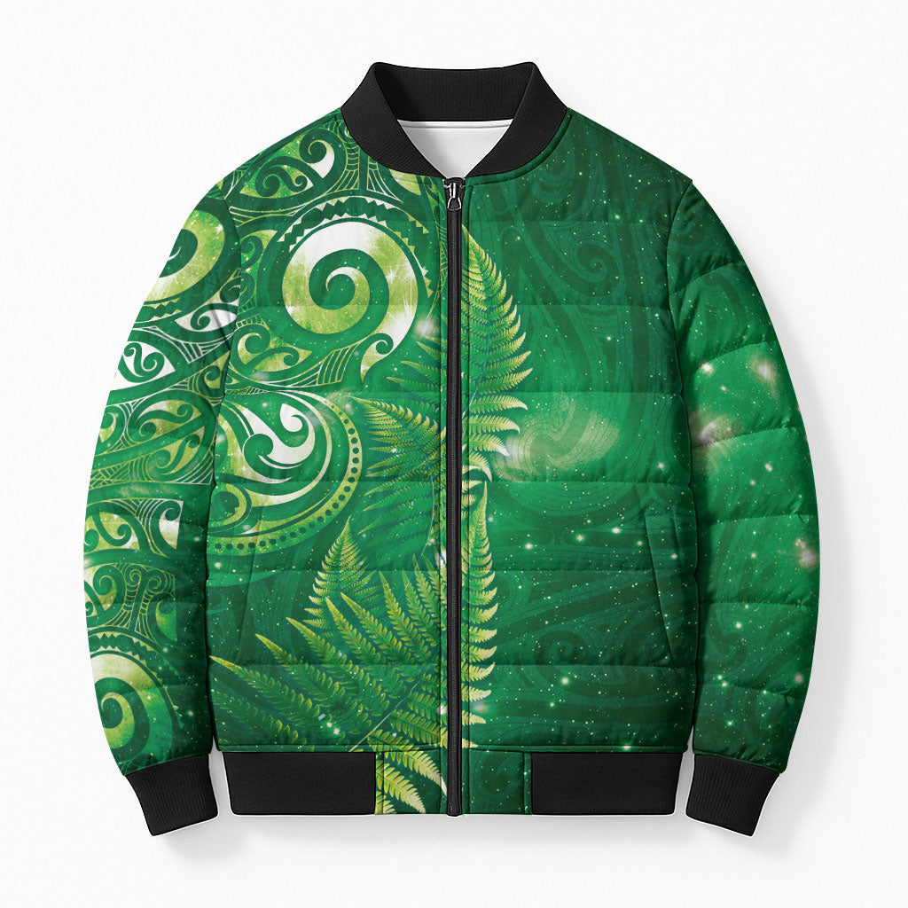 Aotearoa New Zealand New Year Bomber Puffer Jacket Tribal Koru Tattoo Green Galaxy Maori Silver Fern