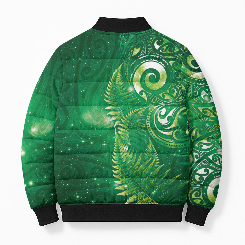 Aotearoa New Zealand New Year Bomber Puffer Jacket Tribal Koru Tattoo Green Galaxy Maori Silver Fern LT03 - Polynesian Pride