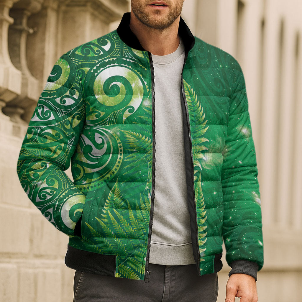 Aotearoa New Zealand New Year Bomber Puffer Jacket Tribal Koru Tattoo Green Galaxy Maori Silver Fern LT03 - Polynesian Pride