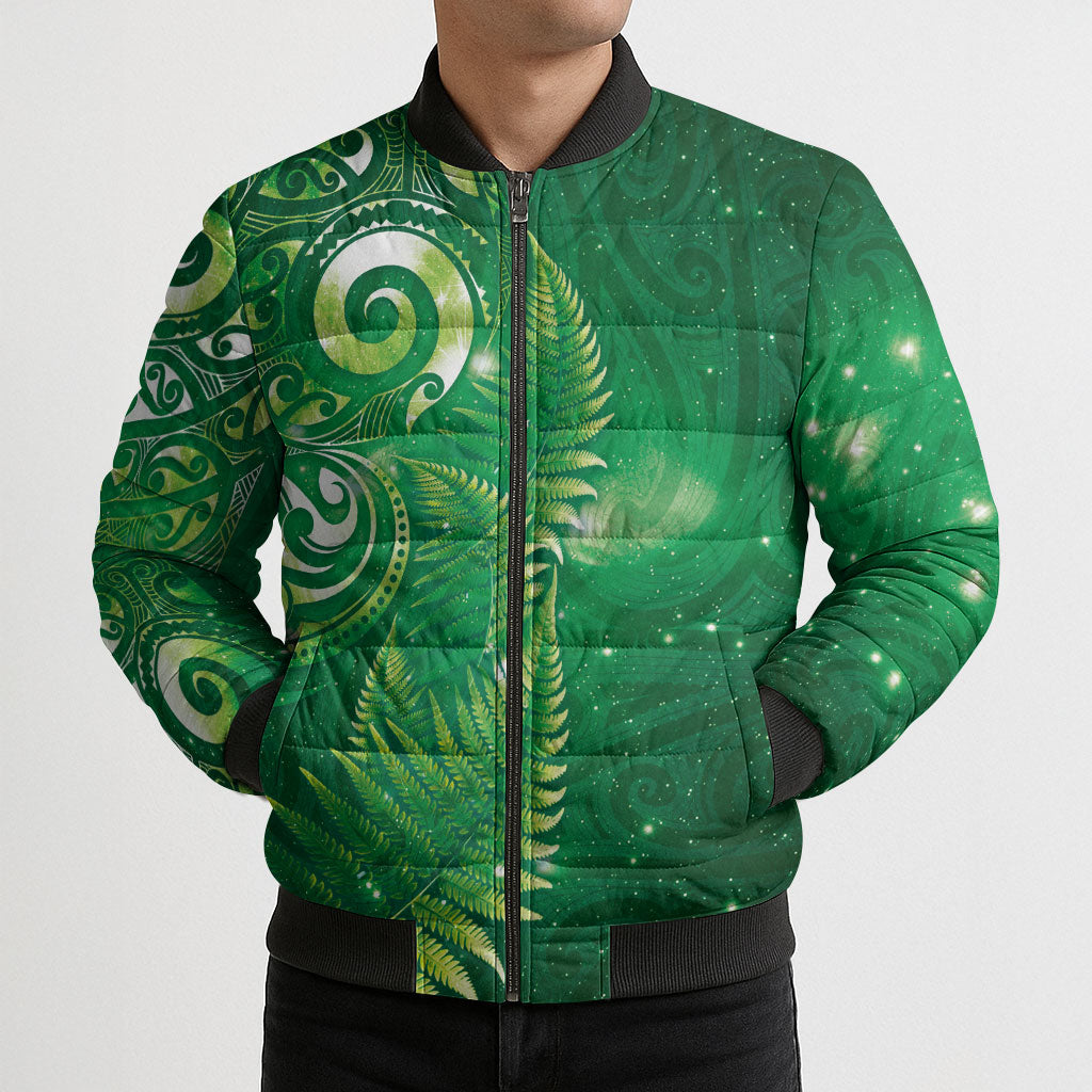 Aotearoa New Zealand New Year Bomber Puffer Jacket Tribal Koru Tattoo Green Galaxy Maori Silver Fern LT03 - Polynesian Pride