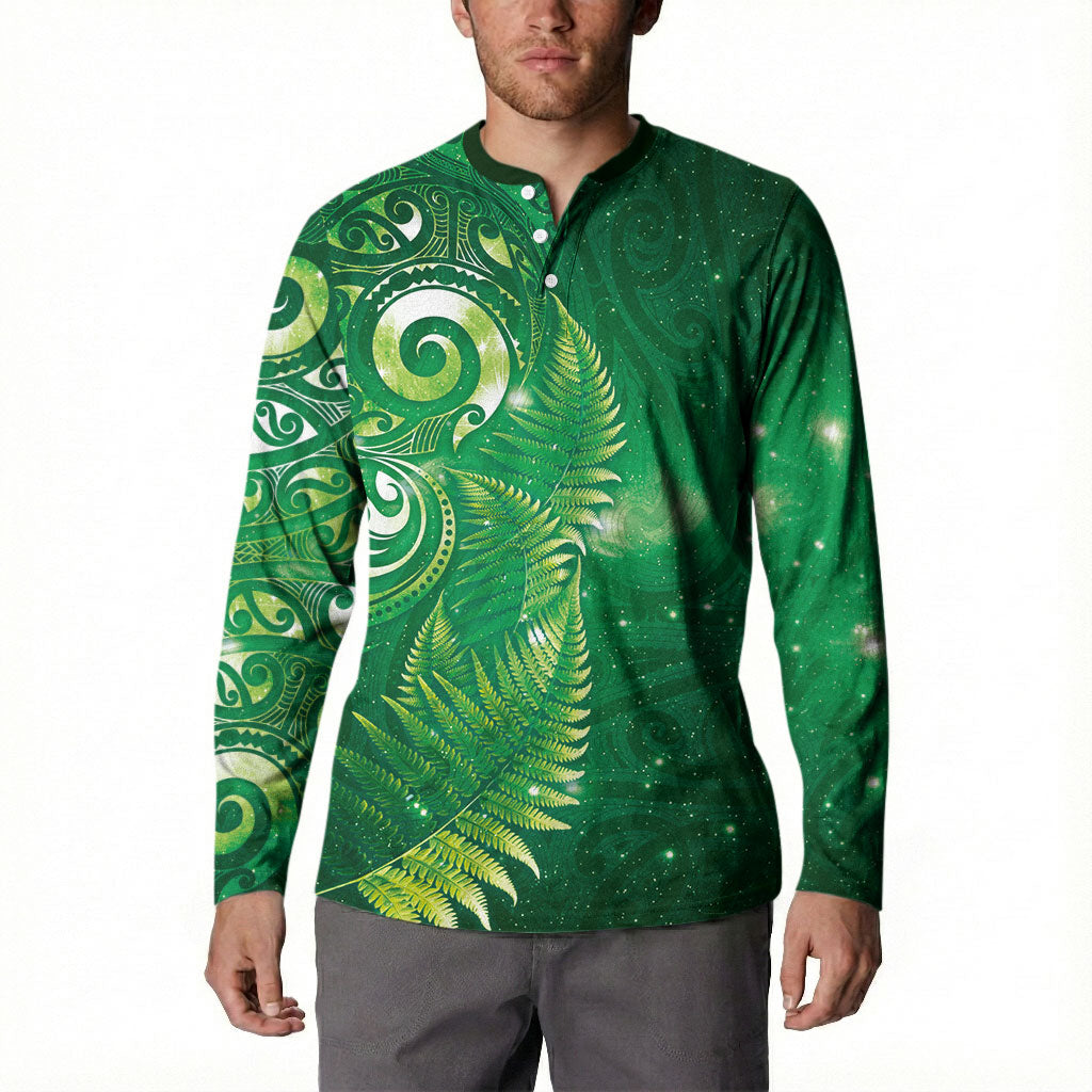 Aotearoa New Zealand New Year Button Sweatshirt Tribal Koru Tattoo Green Galaxy Maori Silver Fern LT03 - Polynesian Pride