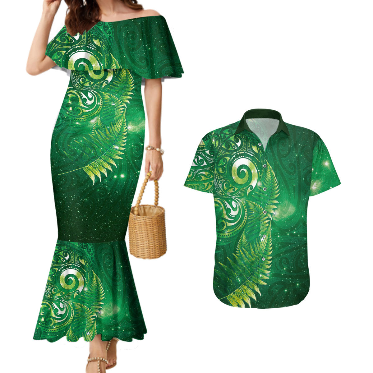 Aotearoa New Zealand New Year Couples Matching Mermaid Dress and Hawaiian Shirt Tribal Koru Tattoo Green Galaxy Maori Silver Fern