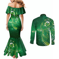 Aotearoa New Zealand New Year Couples Matching Mermaid Dress and Long Sleeve Button Shirt Tribal Koru Tattoo Green Galaxy Maori Silver Fern LT03 - Polynesian Pride