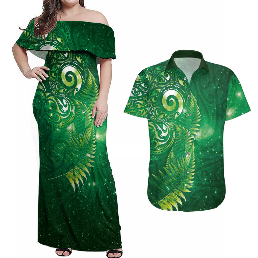 Aotearoa New Zealand New Year Couples Matching Off Shoulder Maxi Dress and Hawaiian Shirt Tribal Koru Tattoo Green Galaxy Maori Silver Fern LT03 Green - Polynesian Pride