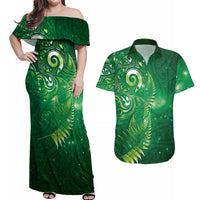 Aotearoa New Zealand New Year Couples Matching Off Shoulder Maxi Dress and Hawaiian Shirt Tribal Koru Tattoo Green Galaxy Maori Silver Fern LT03 Green - Polynesian Pride