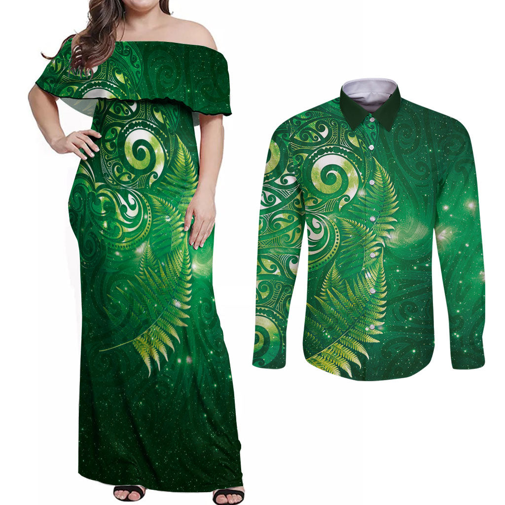 Aotearoa New Zealand New Year Couples Matching Off Shoulder Maxi Dress and Long Sleeve Button Shirt Tribal Koru Tattoo Green Galaxy Maori Silver Fern