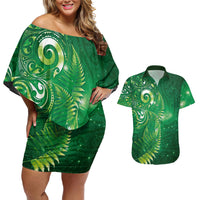 Aotearoa New Zealand New Year Couples Matching Off Shoulder Short Dress and Hawaiian Shirt Tribal Koru Tattoo Green Galaxy Maori Silver Fern LT03 Green - Polynesian Pride