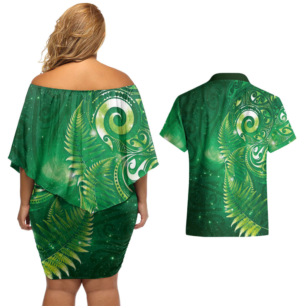Aotearoa New Zealand New Year Couples Matching Off Shoulder Short Dress and Hawaiian Shirt Tribal Koru Tattoo Green Galaxy Maori Silver Fern LT03 - Polynesian Pride