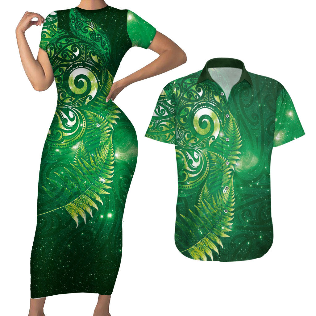 Aotearoa New Zealand New Year Couples Matching Short Sleeve Bodycon Dress and Hawaiian Shirt Tribal Koru Tattoo Green Galaxy Maori Silver Fern