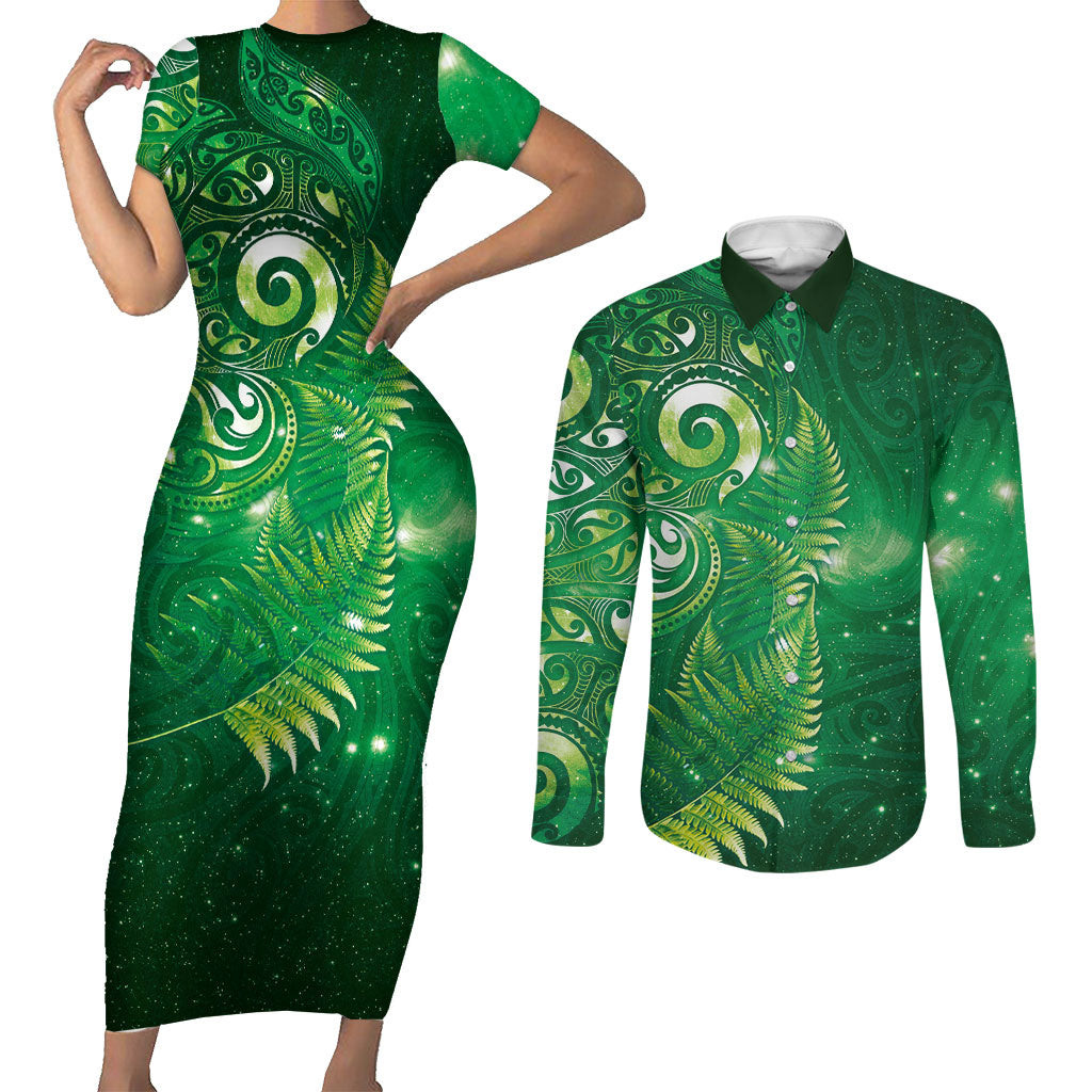 Aotearoa New Zealand New Year Couples Matching Short Sleeve Bodycon Dress and Long Sleeve Button Shirt Tribal Koru Tattoo Green Galaxy Maori Silver Fern LT03 Green - Polynesian Pride