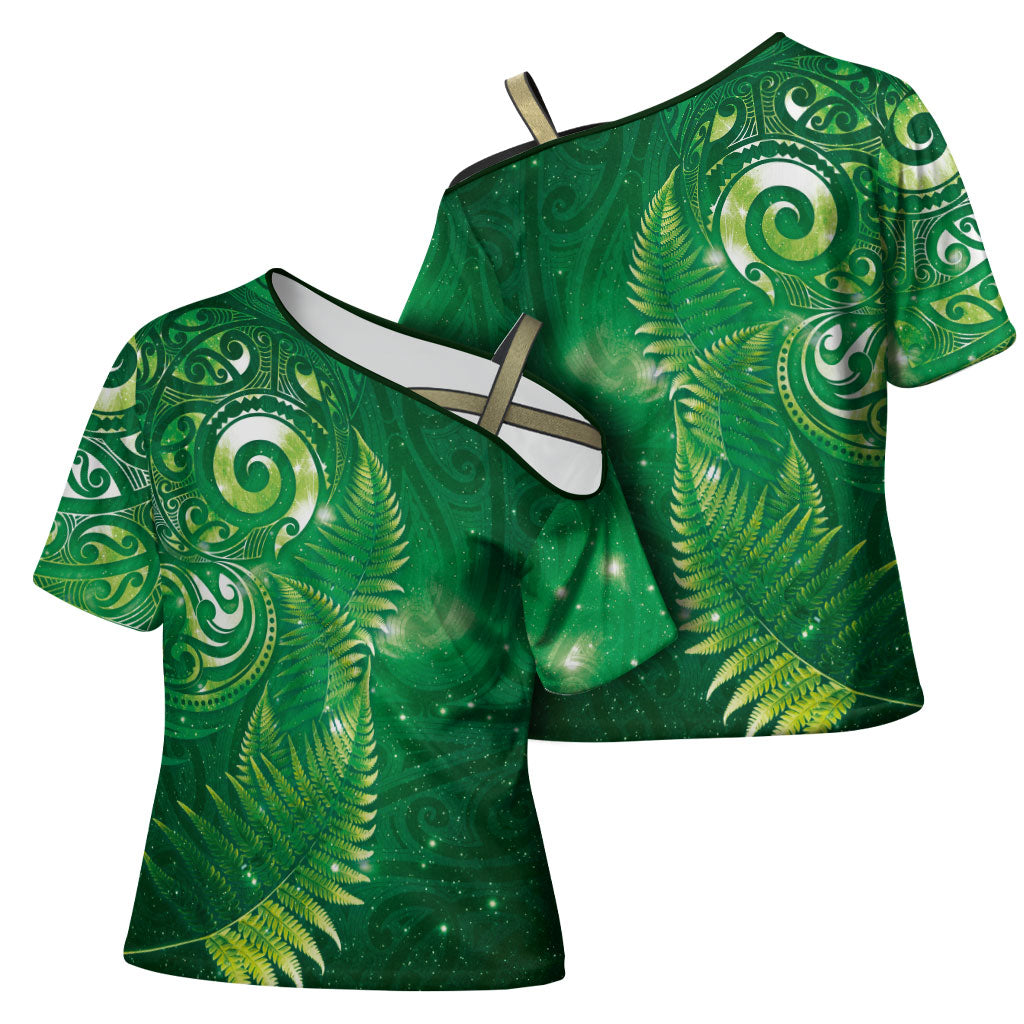 Aotearoa New Zealand New Year Cross Shoulder Shirt Tribal Koru Tattoo Green Galaxy Maori Silver Fern LT03 - Polynesian Pride
