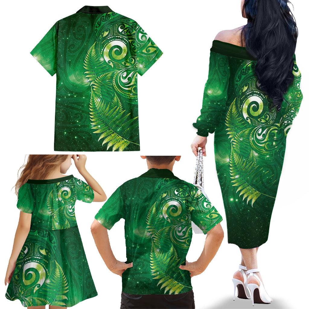 Aotearoa New Zealand New Year Family Matching Off The Shoulder Long Sleeve Dress and Hawaiian Shirt Tribal Koru Tattoo Green Galaxy Maori Silver Fern LT03 - Polynesian Pride