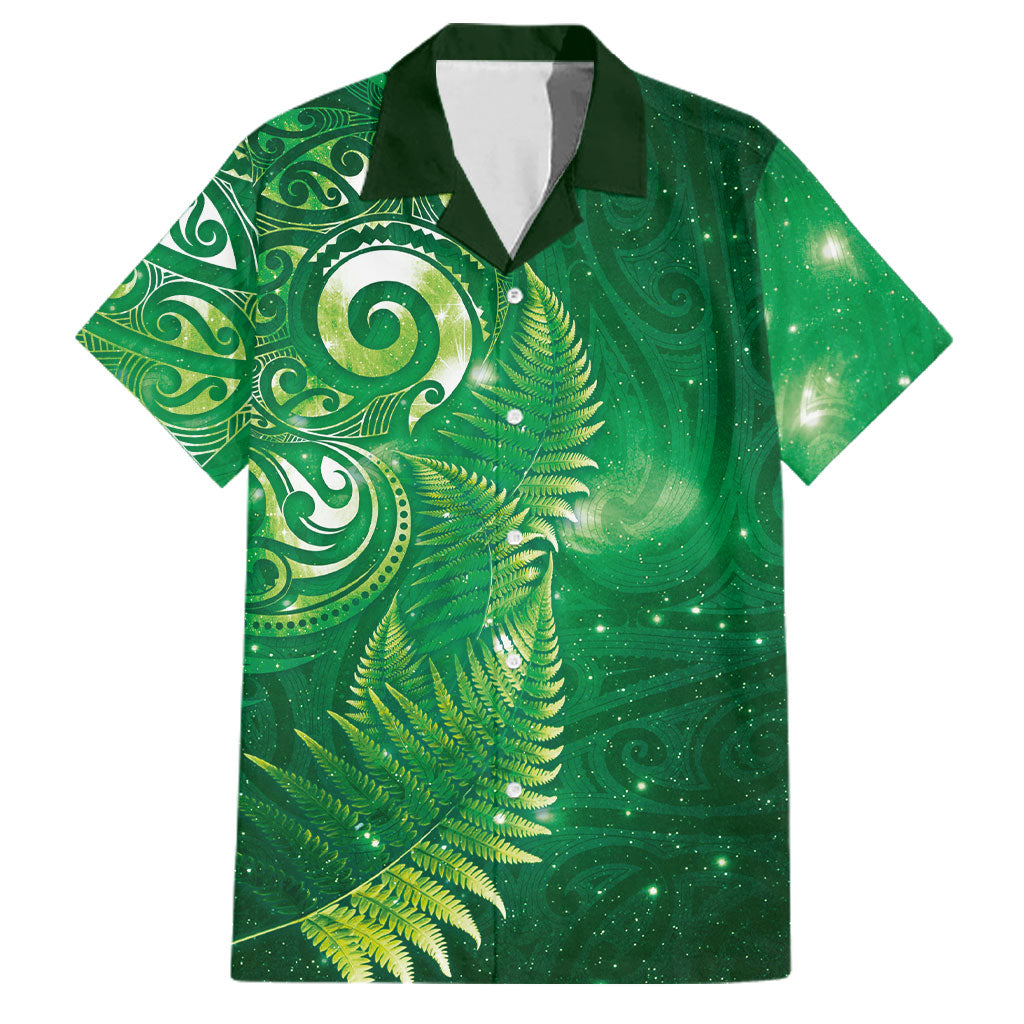 Aotearoa New Zealand New Year Family Matching Off The Shoulder Long Sleeve Dress and Hawaiian Shirt Tribal Koru Tattoo Green Galaxy Maori Silver Fern LT03 Dad's Shirt - Short Sleeve Green - Polynesian Pride