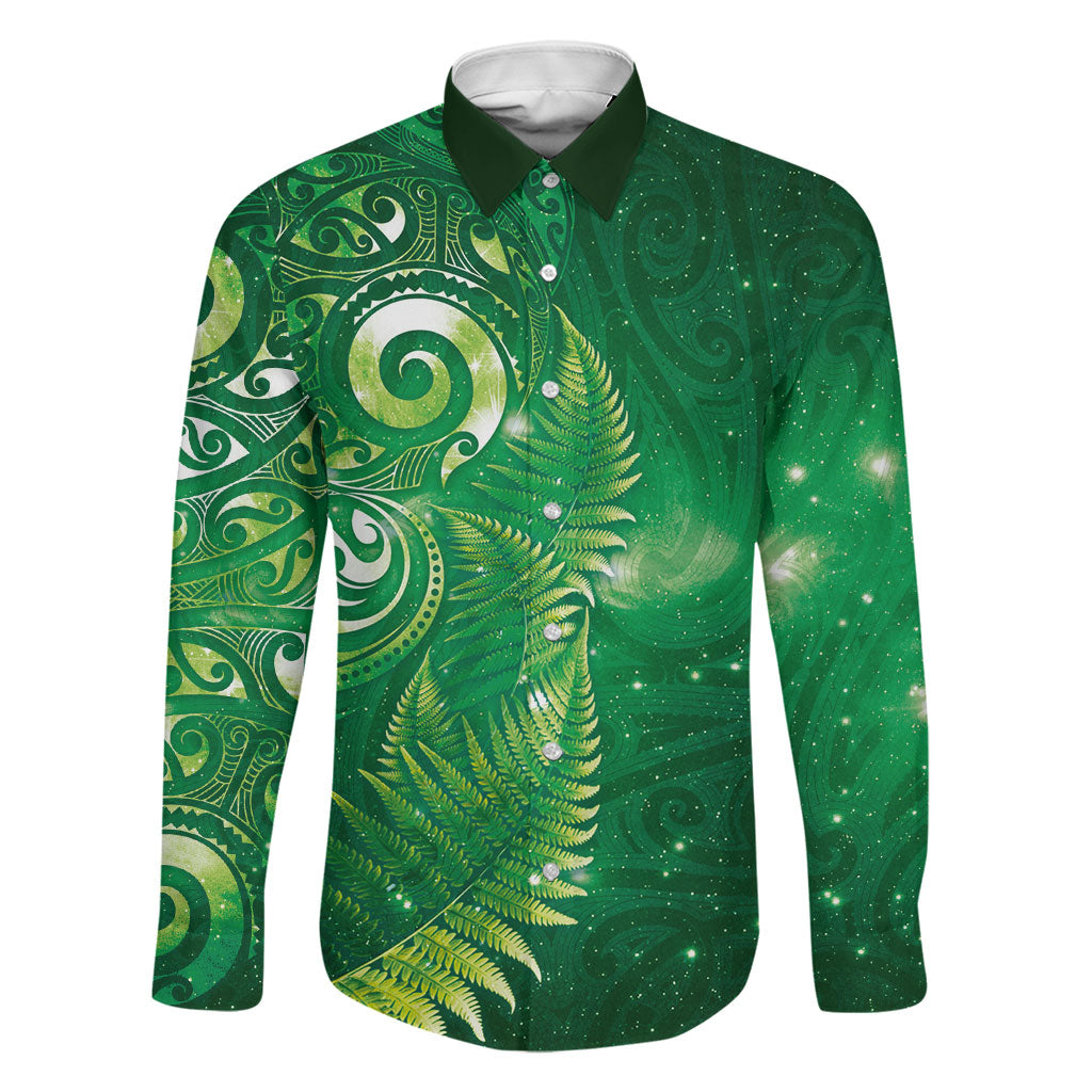 Aotearoa New Zealand New Year Family Matching Off The Shoulder Long Sleeve Dress and Hawaiian Shirt Tribal Koru Tattoo Green Galaxy Maori Silver Fern LT03 Dad's Shirt - Long Sleeve Green - Polynesian Pride