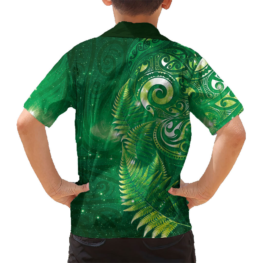 Aotearoa New Zealand New Year Family Matching Off Shoulder Short Dress and Hawaiian Shirt Tribal Koru Tattoo Green Galaxy Maori Silver Fern LT03 - Polynesian Pride