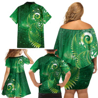 Aotearoa New Zealand New Year Family Matching Off Shoulder Short Dress and Hawaiian Shirt Tribal Koru Tattoo Green Galaxy Maori Silver Fern LT03 - Polynesian Pride