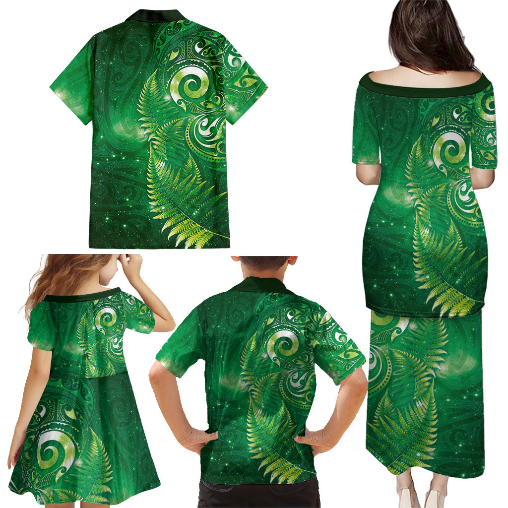 Aotearoa New Zealand New Year Family Matching Puletasi and Hawaiian Shirt Tribal Koru Tattoo Green Galaxy Maori Silver Fern LT03 - Polynesian Pride
