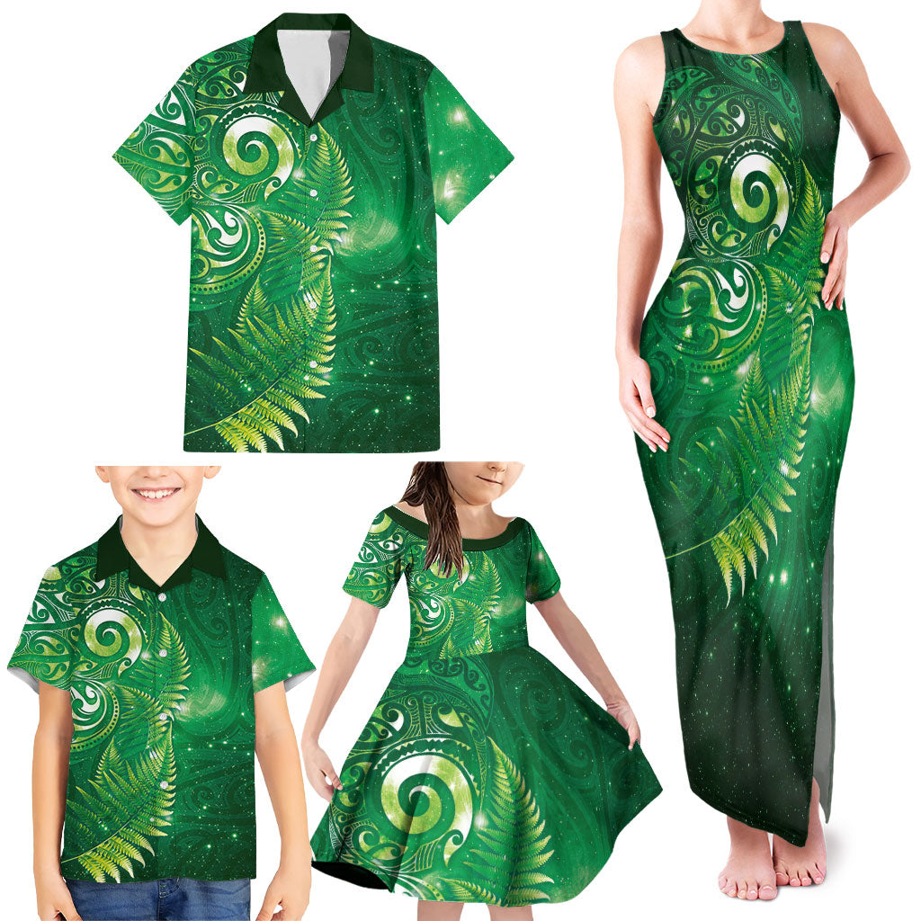 Aotearoa New Zealand New Year Family Matching Tank Maxi Dress and Hawaiian Shirt Tribal Koru Tattoo Green Galaxy Maori Silver Fern LT03 - Polynesian Pride