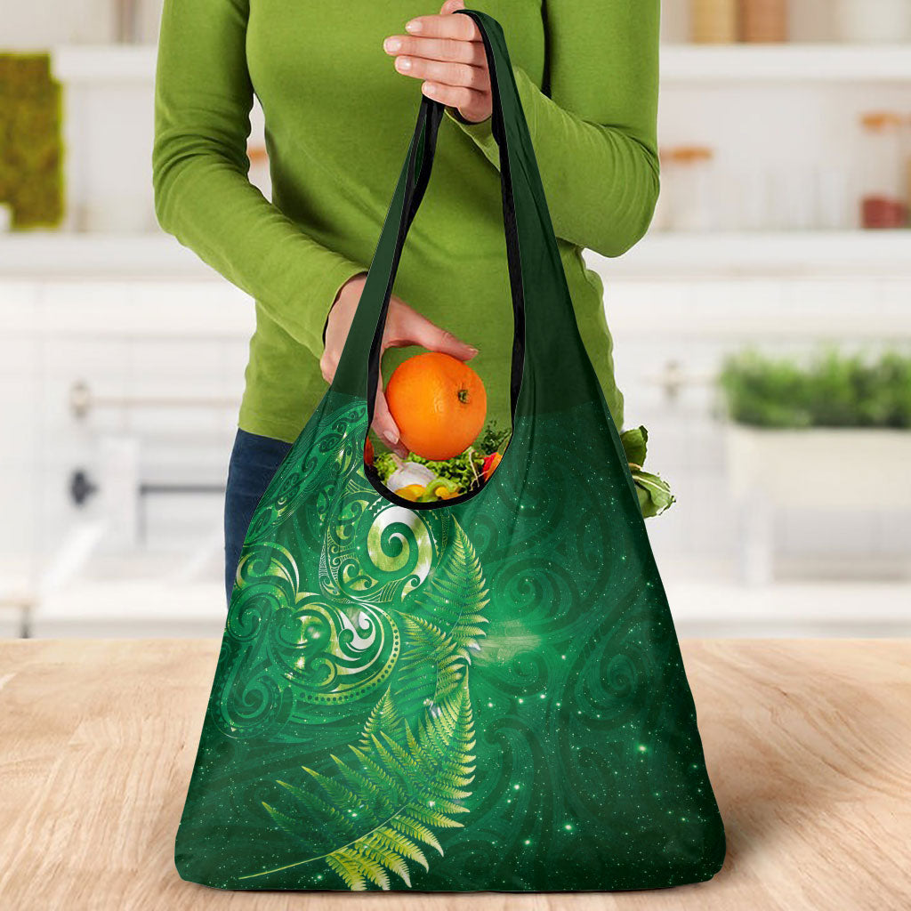 Aotearoa New Zealand New Year Grocery Bag Tribal Koru Tattoo Green Galaxy Maori Silver Fern LT03 - Polynesian Pride