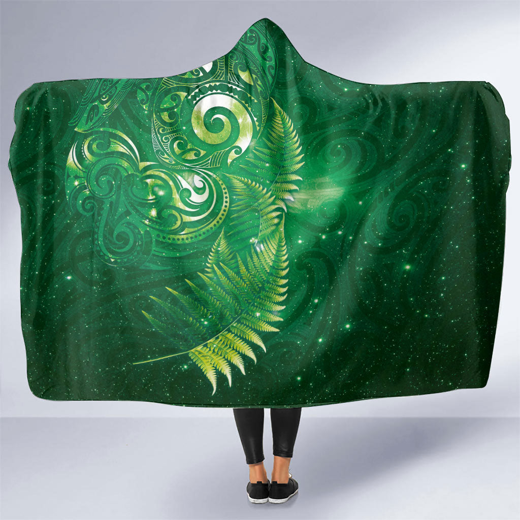 Aotearoa New Zealand New Year Hooded Blanket Tribal Koru Tattoo Green Galaxy Maori Silver Fern