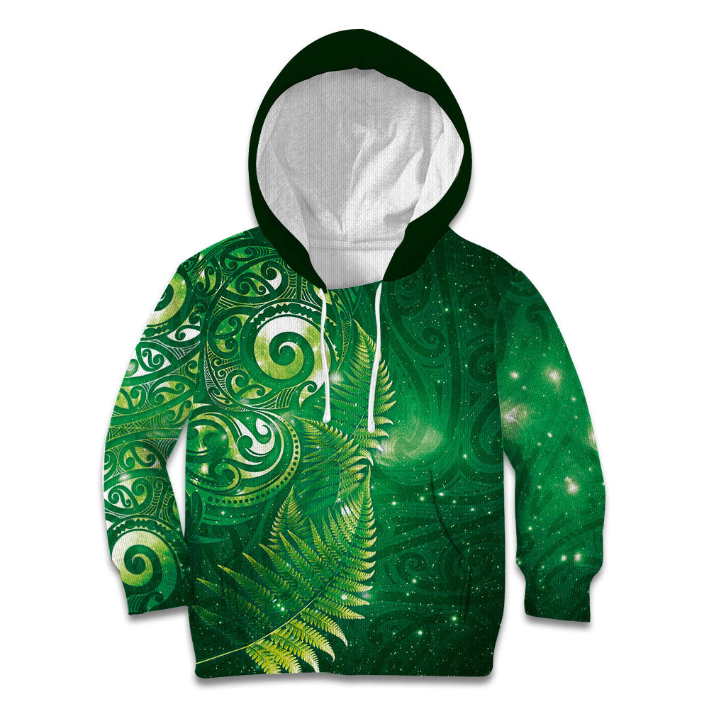 Aotearoa New Zealand New Year Kid Hoodie Tribal Koru Tattoo Green Galaxy Maori Silver Fern