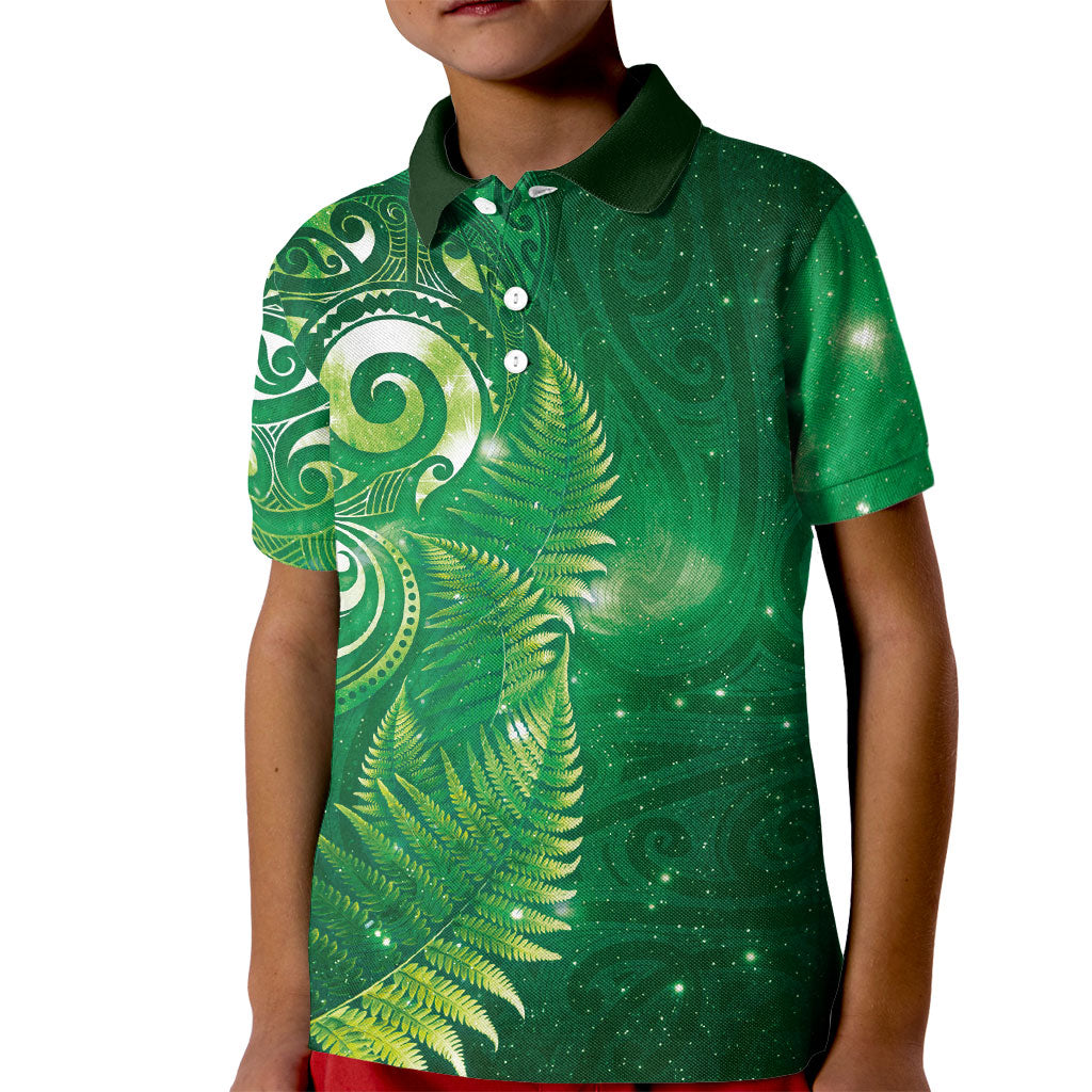 Aotearoa New Zealand New Year Kid Polo Shirt Tribal Koru Tattoo Green Galaxy Maori Silver Fern LT03 Kid Green - Polynesian Pride