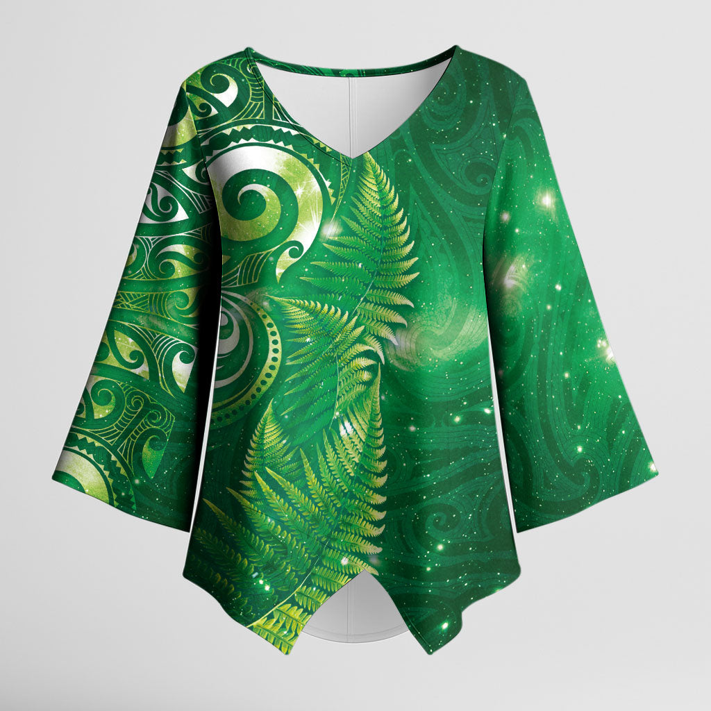 Aotearoa New Zealand New Year Kimono Sleeve Blouse Tribal Koru Tattoo Green Galaxy Maori Silver Fern LT03 Female Green - Polynesian Pride