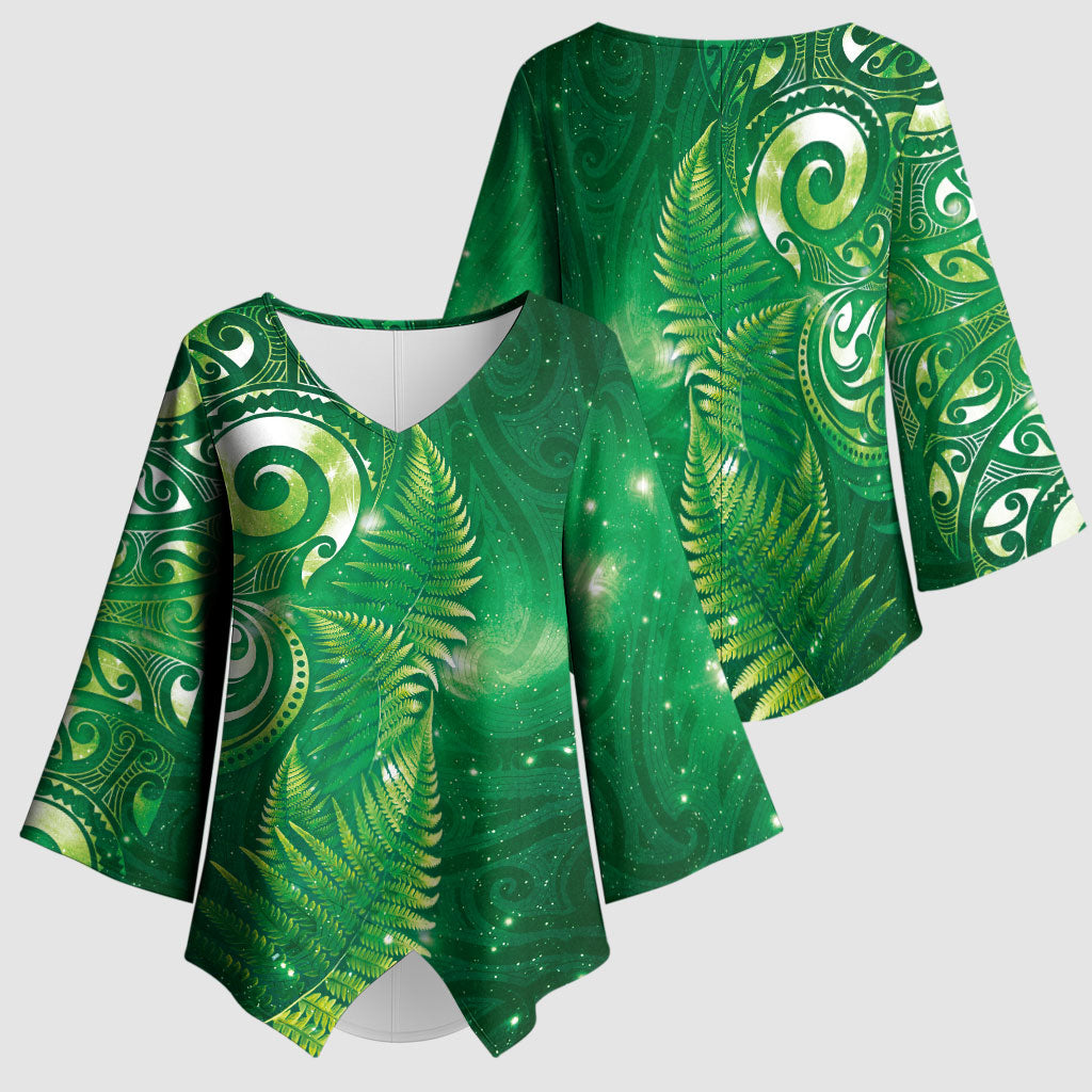 Aotearoa New Zealand New Year Kimono Sleeve Blouse Tribal Koru Tattoo Green Galaxy Maori Silver Fern LT03 - Polynesian Pride
