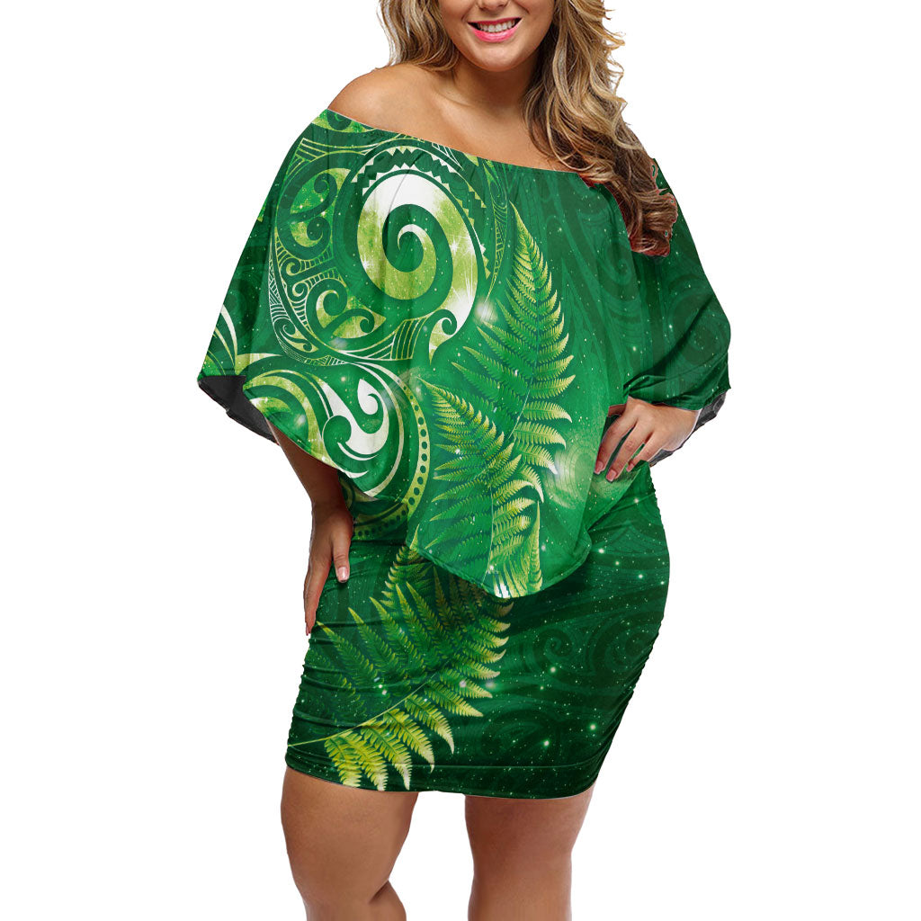 Aotearoa New Zealand New Year Off Shoulder Short Dress Tribal Koru Tattoo Green Galaxy Maori Silver Fern LT03 Women Green - Polynesian Pride