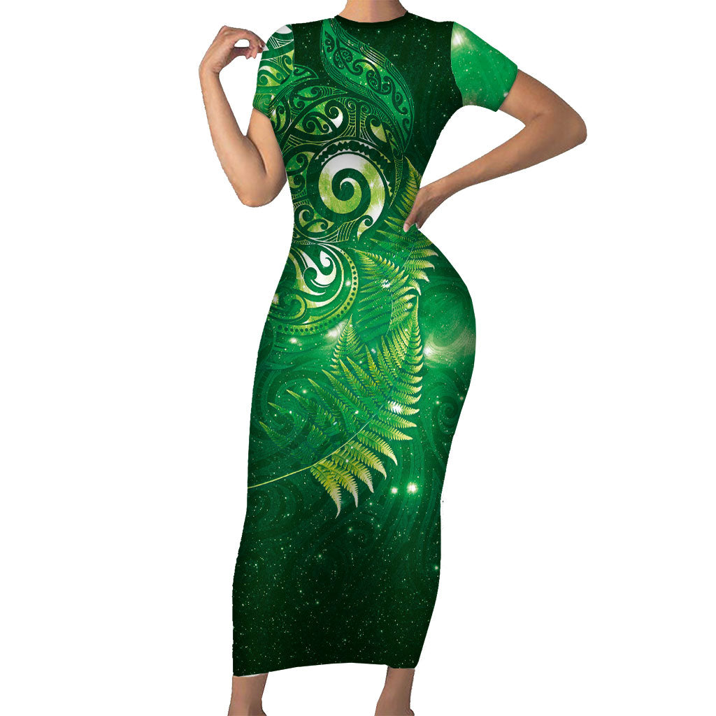 Aotearoa New Zealand New Year Short Sleeve Bodycon Dress Tribal Koru Tattoo Green Galaxy Maori Silver Fern